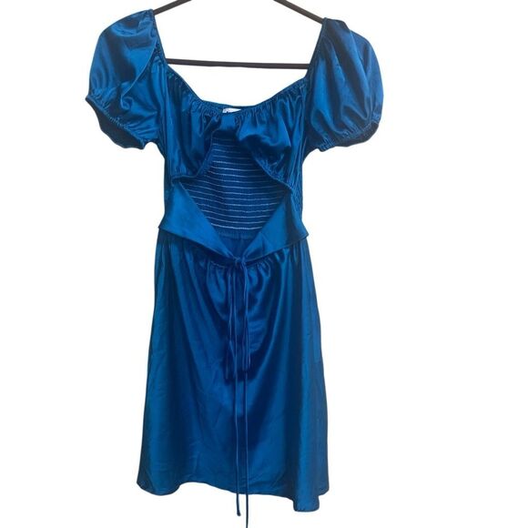 603. Princess Polly Nakita Blue Satin Puff Sleeve Cut Out Dress 4 - Picture 1 of 4